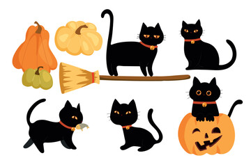 Cute collection with black Halloween cats and pumpkins. Vector illustration.