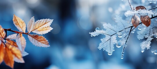 Luxurious winter background with frost and ice on tree branches with wilted leaves on blurred background