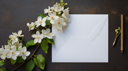 Blank greeting card and envelope with jasmine flowers