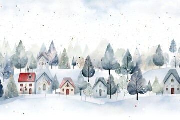 Fototapeta premium White watercolor winter Christmas background with many small trees and houses Generative AI