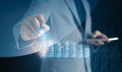 double exposure businessman Couple exposure of businessman and city with pointer, cityscape, and business organization network concept.