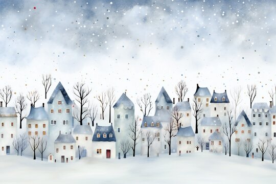 White watercolor winter Christmas background with many small trees and houses Generative AI