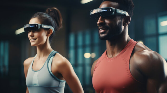 A Person Using HUD Glasses To Attend A Virtual Fitness Class,  With The Instructor Guiding The Workout