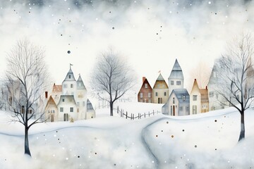 White watercolor winter Christmas background with many small trees and houses Generative AI