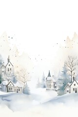 Fototapeta premium White watercolor winter Christmas background with many small trees and houses Generative AI