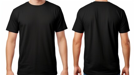 A man is wearing a black t-shirt with half sleeves, both on the front and back sides. - obrazy, fototapety, plakaty