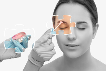 Make-up artist makes markings with white pencil for eyebrow and paints eyebrows. Professional...