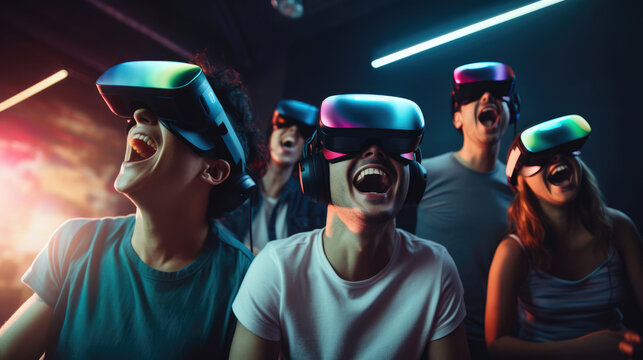 A group of friends having a virtual game night using HUD glasses for a shared gaming experience