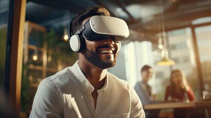 A person in casual attire participating in a virtual meeting with colleagues while using a HUD headset