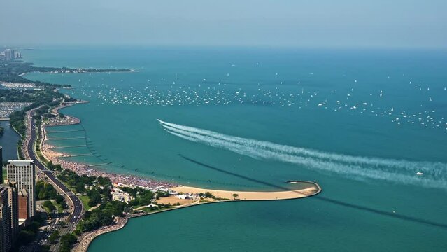 U.S. Air Force planes flying over the North Avenue Beach, summer day in Chicago