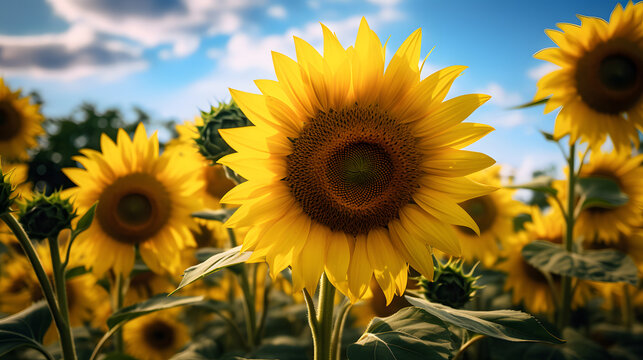 Stand amidst fields of sunflowers, their vibrant yellow petals reaching for the sun. The highly detailed photography showcases the sunflower heads heavy with seeds, a symbol of optimism and the hope.