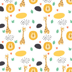 Vector seamless pattern colorful doodle giraffe and lion