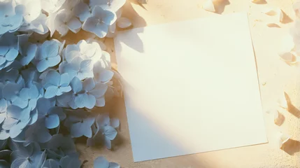 Tuinposter Blank paper sheet card dried blue hydrangea flowers © Black