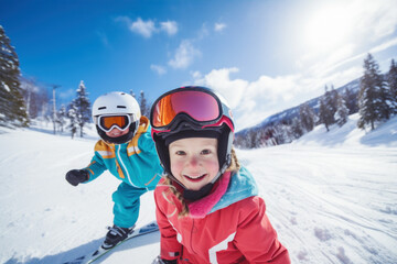 Fototapeta na wymiar Children skiing in the mountains, happy wintertime, winter break