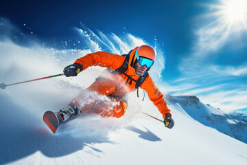 Man skiing fast in the mountains, professional winter sports