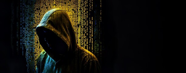 Coder in a hoodie, face unrecognizable. Hacker, computer security. Cyber security. Identity theft. Code running in green, yellow glitch. Anonymity in web. Dark web, phishing, cyber attack. Concept. - obrazy, fototapety, plakaty