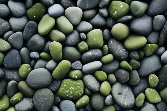 Wet Green, Gray, and White Pebbles on Dark Gray Background