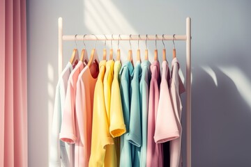 Colourful clothes on clothing rack, pastel colorful closet in shopping store or bedroom. Rainbow color clothes choice on hangers, home wardrobe concept. Generative AI