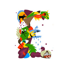 letter E with flower, animal, and decorative ornament.