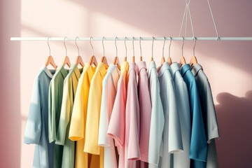 Colourful clothes on clothing rack, pastel colorful closet in shopping store or bedroom. Rainbow color clothes choice on hangers, home wardrobe concept. Generative AI