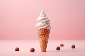Ice cream cone, sweet dessert, studio shot on pastel background. Summer creative minimal concept, fast food, sweet meal, space for text. Food levitation. Generative AI