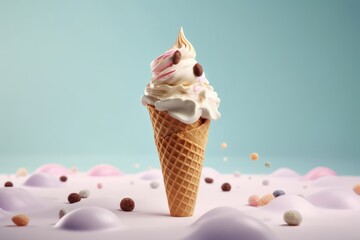 Ice cream cone, sweet dessert, studio shot on pastel background. Summer creative minimal concept, fast food, sweet meal, space for text. Food levitation. Generative AI