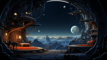 cartoon landscape spaceship