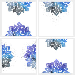 Set of backgrounds with silhouettes of blue purple stylized flowers with watercolor texture and splatter - 647109679