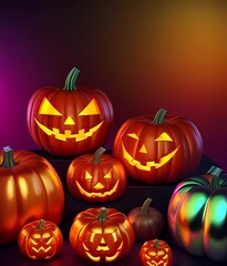 Fototapeta premium Halloween design with pumpkins in Y2K Aesthetic style. Pink and blue colors with metalic and chrome texture.