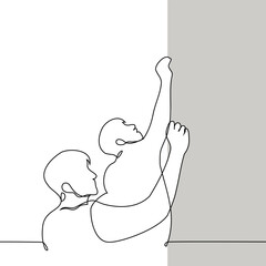 men stand and write on the wall - one line art vector. concept two people write simultaneously on the board, solving speed problems, vandals spoil the wall with inscriptions