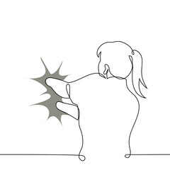 woman stands with her hands stuck in a quagmire in the wall - one line art vector. concept fall into a trap, drown in a quagmire, trapped, stuck in one thing metaphor