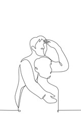 piggyback men, one of them looks into the distance covering his eyes with his hand - one line art vector. concept observers, peek