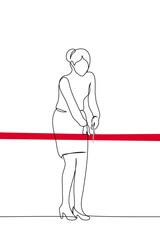 woman stands in office clothes and cuts the red ribbon stretched out in front of her with scissors - one line art vector. concept of the grand opening of a new building, metaphor for achieving public