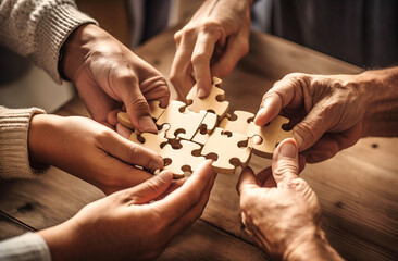 Unity in Problem-Solving: People Holding Wooden Puzzle Pieces