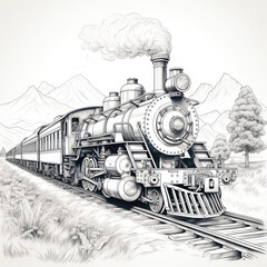 Naklejka premium A coloring page with a steam locomotive - Coloring pages for children, Generative AI