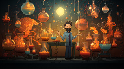 2d cartoon of a scientist in a laboratory