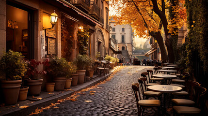 Fototapeta na wymiar coffeeshop on a cobblestone street in New York City during Autumn