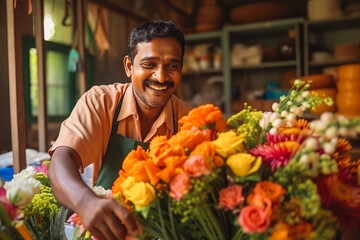 Happy indian man florist arranging flowers into bouquet in flower shop. - obrazy, fototapety, plakaty