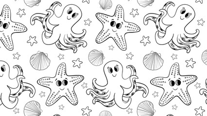Seamless black and white pattern with sea creatures.Vector illustration