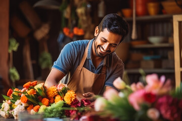 Happy indian man florist arranging flowers into bouquet in flower shop.