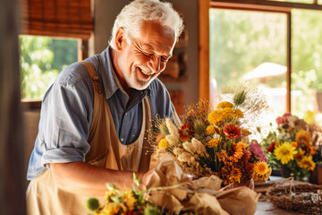 Happy senior caucasian man florist arranging flowers into bouquet in flower shop.