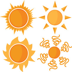 Cartoon vector yellow sun shining in summer heat Isolated on white background.