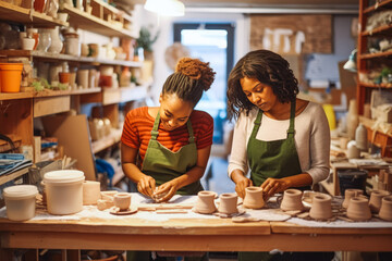 Young black female ceramists working in their store or workshop.