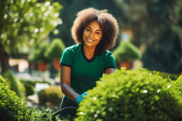 Young black female landscaper doing her job. Young woman gardener working in greenhouse. - obrazy, fototapety, plakaty