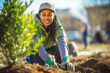 Young black female landscaper doing her job. Young woman gardener working in greenhouse.