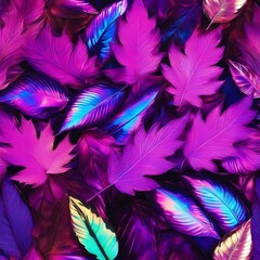 Obraz premium Leafs in Y2K Aesthetic style. Pink and blue colors with metalic and chrome texture.