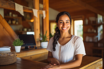 Young indian female bed and breakfast owner standing behind welcome desk.