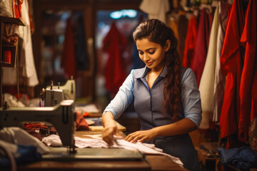Young indian female tailor working in her store. Smiling woman seamstress.