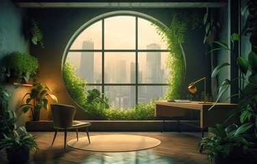 Greenery Adorns Office Window Frame, Creating a Refreshing Atmosphere