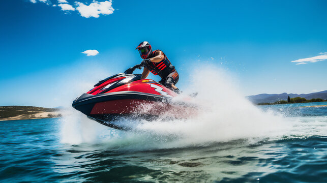 Jetskier with his Jet ski Surfing the waves. Leisure and Watersports photos. Ai generative.